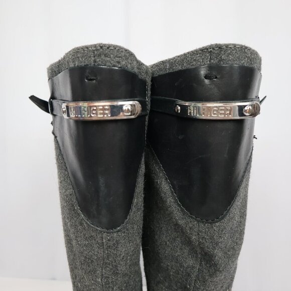 Tommy Hilfiger Black Faux Leather Gray Wool Like Tall Riding Buckle Boots - 9.5 - Picture 10 of 14